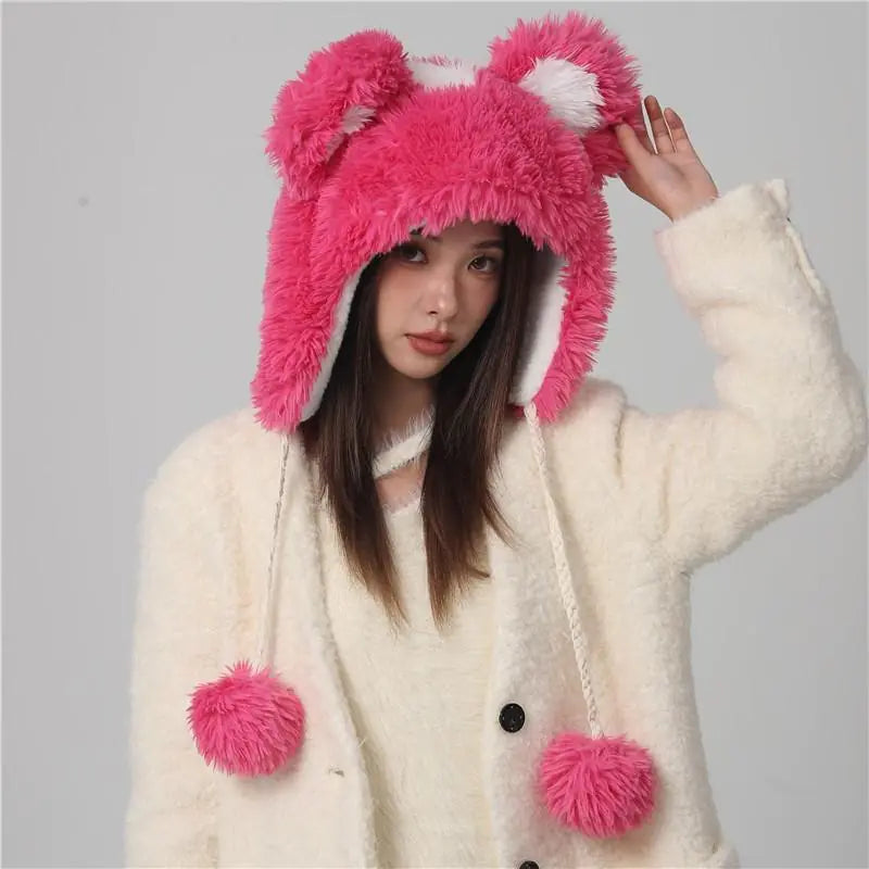 Cute Plush Fur Ball Bucket Hat for Women's Winter