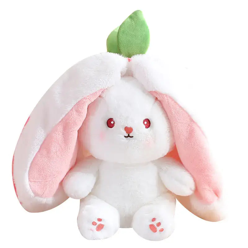Strawberry Radish Bunny Plush Toy with pink ears and green leaf, perfect for kids and Easter decor.