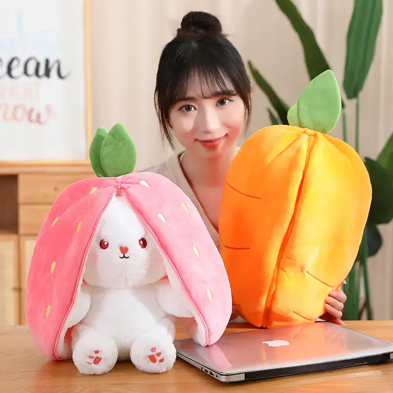 Strawberry Radish Bunny Plush Toy next to carrot plush, bringing charm and whimsy to home decor.