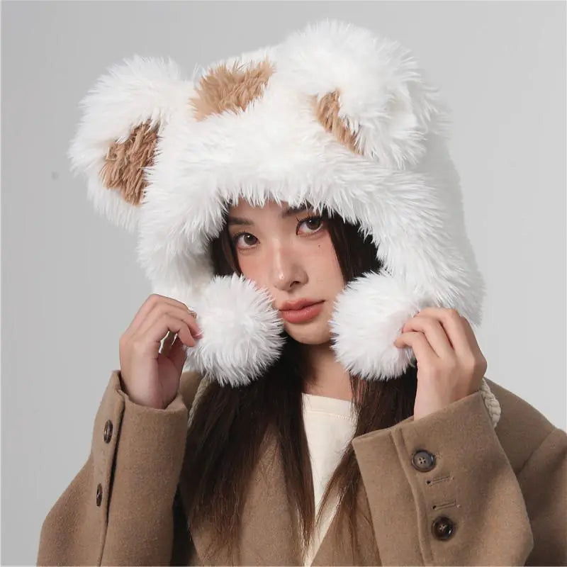 Cute Plush Fur Ball Bucket Hat for Women's Winter